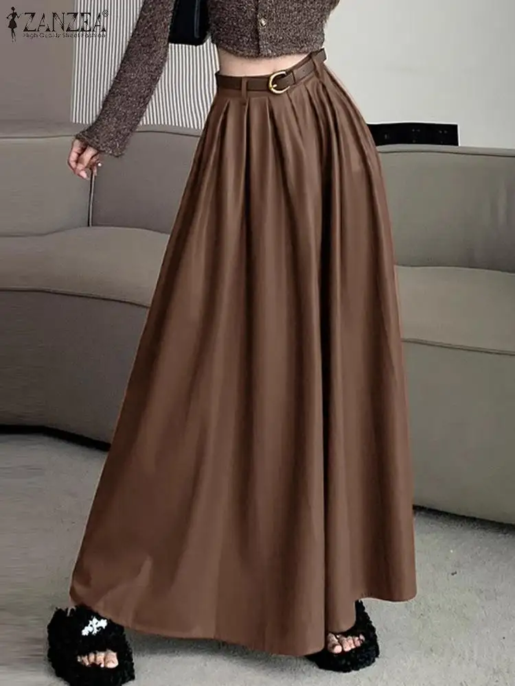 

Vintage Elastic High Waist Jupe ZANZEA Women PU Leather Long Skirt Casual Pleated Umbrella Maxi Skirts 2024 Fashion Loose Faldas