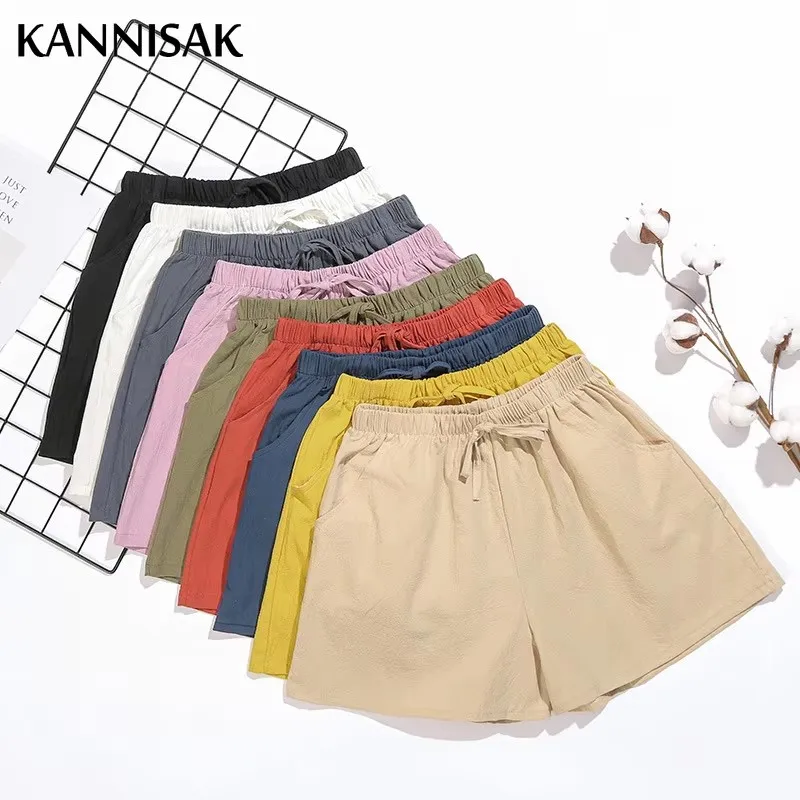 Women Shorts Spring Summer 2024 Loose Linen Cotton Solid Casual Korean Wide Leg Pant Drawstring Elastic Waist Bikers Shorts