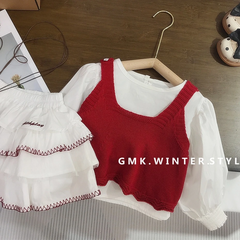 

Girls Suit 2025 Autumn New Children's Clothing Baby Girl Knitted Vest Embroidery Lace Skirt Bubble Sleeve Doll Shirt Three Sets