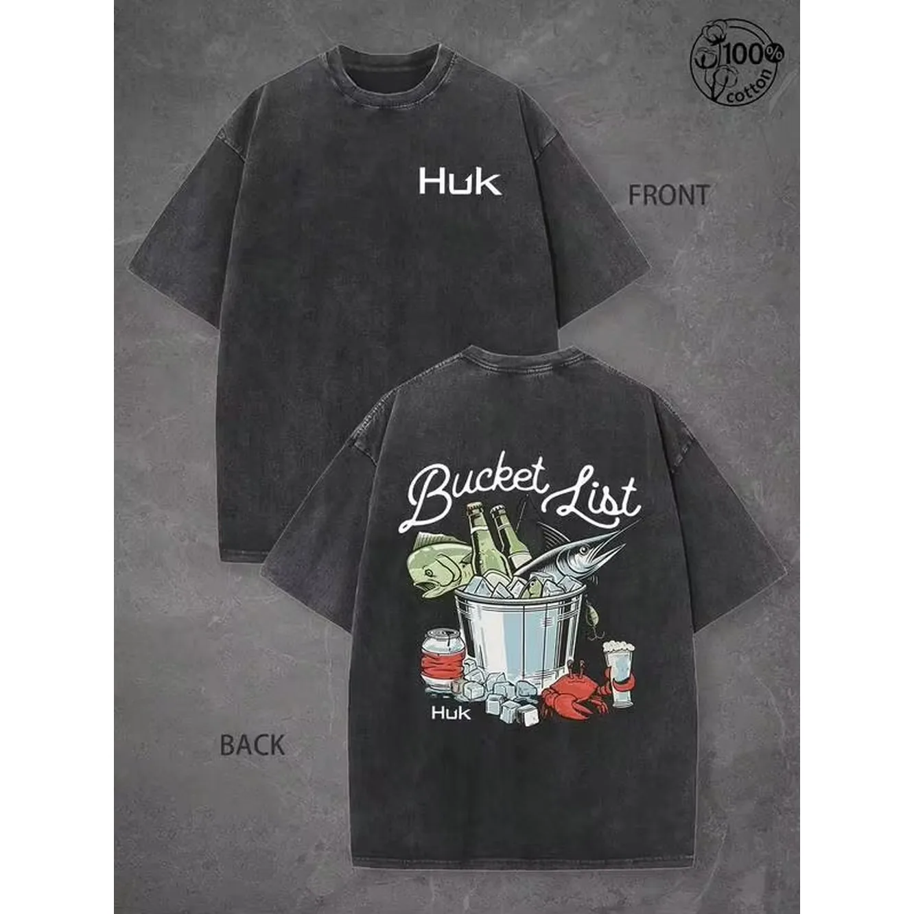 Huk Bucket List Fishing Crab Beer Graphic Tee, Outdoor Fishing Unisex Cotton Top, Summer Men's T-Shirt, Sports And Leisure Y2K Streetwear Tee,HUK Tee