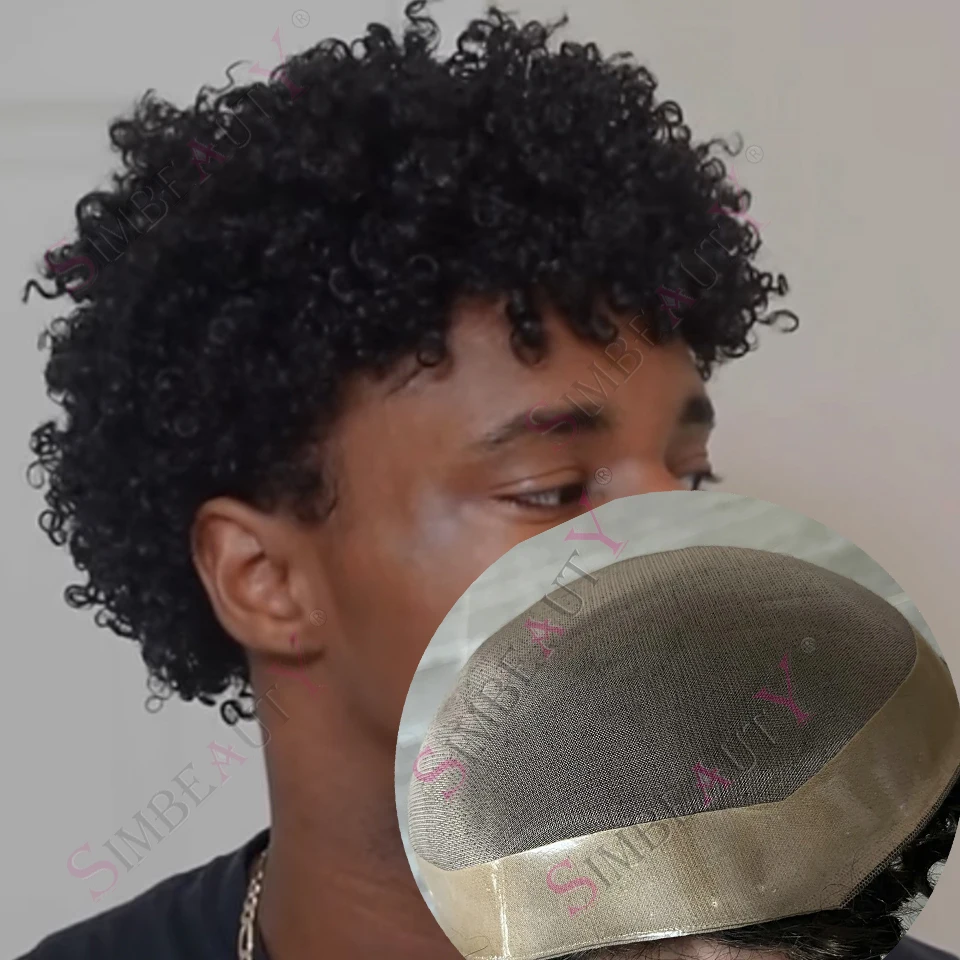 

8mm 10mm 12mm Curly Durable Afro Man Toupee Mono Lace&Thin Pu Brown Black #1b #2 Men 100% Human Hair Wigs Kinky Weave Prothesis