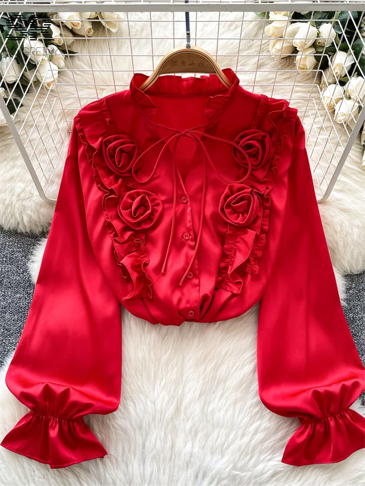 SINGREINY Senior Loose Satin Blouse Long Sleeve Button Shirt Luxury 2025 Newest 3D Flower Lace Up Design Women OL Fashion Tops