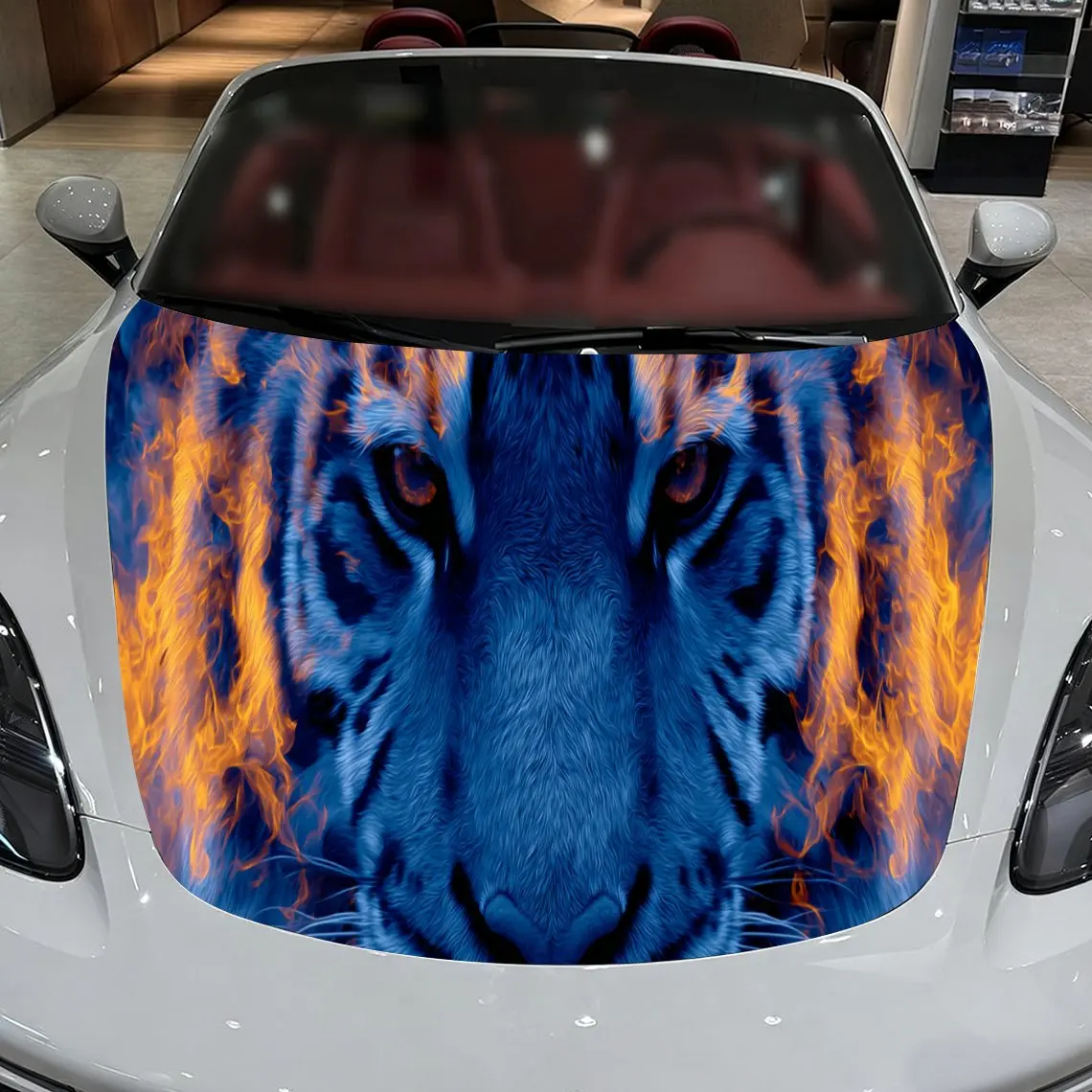 Car Decals A Tiger Design with Fiery Accents in a Striking, Color-Driven Textured Background with Artistic, Energetic Visual Art