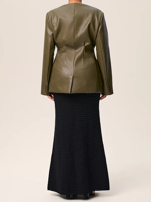 Ele een V-ネック スリムフィット レザージャケット レディース ファッション 秋冬 オルト スベ ロングスベ 合成皮革コート