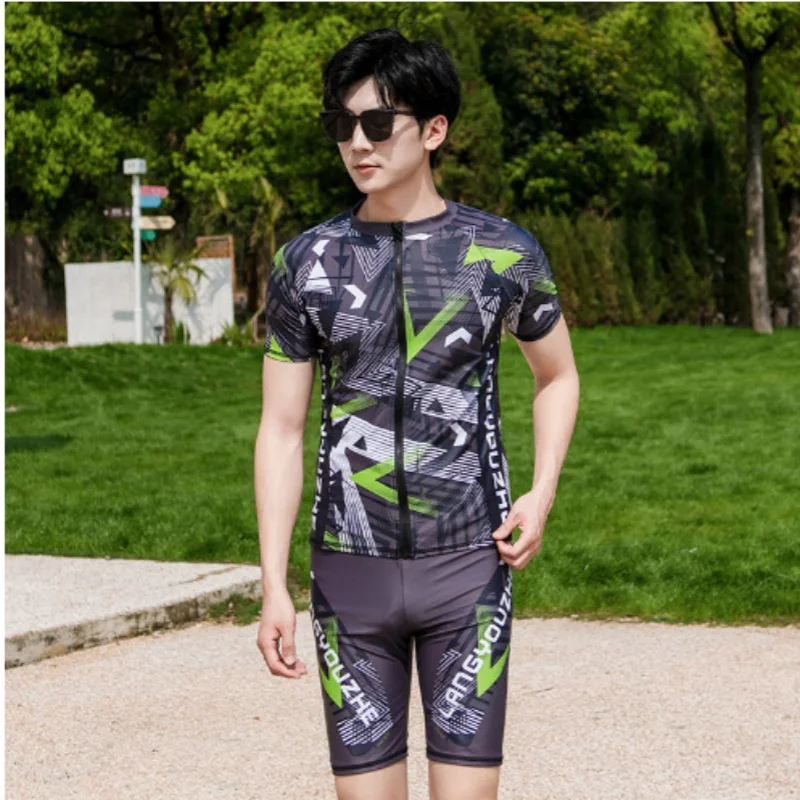 Men's 2pcs Full Set Rash Guard, UV Sun Protection Quick Dry Swim Shirt+Boy Shorts, Water Surf Swimsuit Bath Suits Lycra Clothing