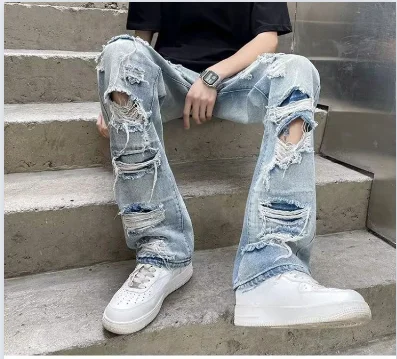 Pantalones vaqueros ajustados con agujeros elásticos para hombre, Jeans rasgados desgastados para correr, pantalones pitillo de moda para primavera