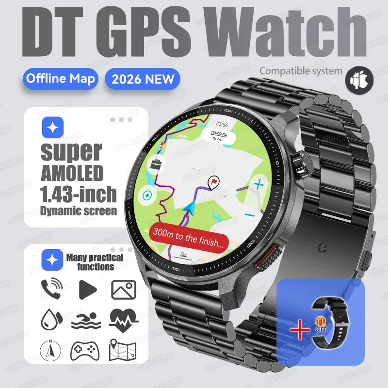 2026Nieuwe Tactische Sport Smartwatch Mannen Ingebouwde GPS Offline Kaart 4GB Geheugen 10ATM/IP69K Waterdicht Zwemmen Militray Smart Bracele