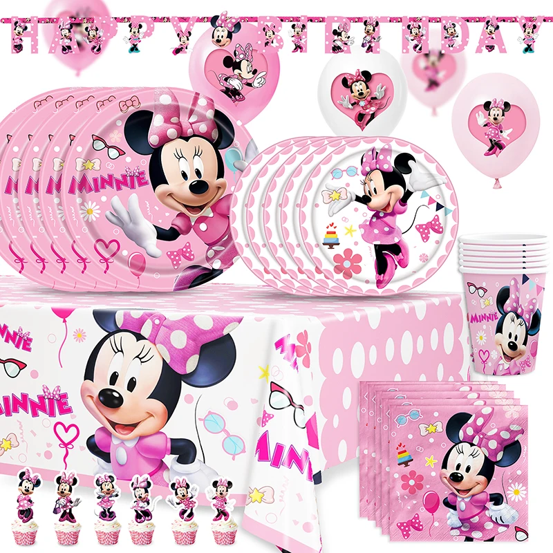 Minnie Mouse Birthday Party ตกแต่งทิ้งบนโต๊ะอาหารบอลลูนถ้วยแผ่นผ้าปูโต๊ะบอลลูน Baby Shower Party Suppl