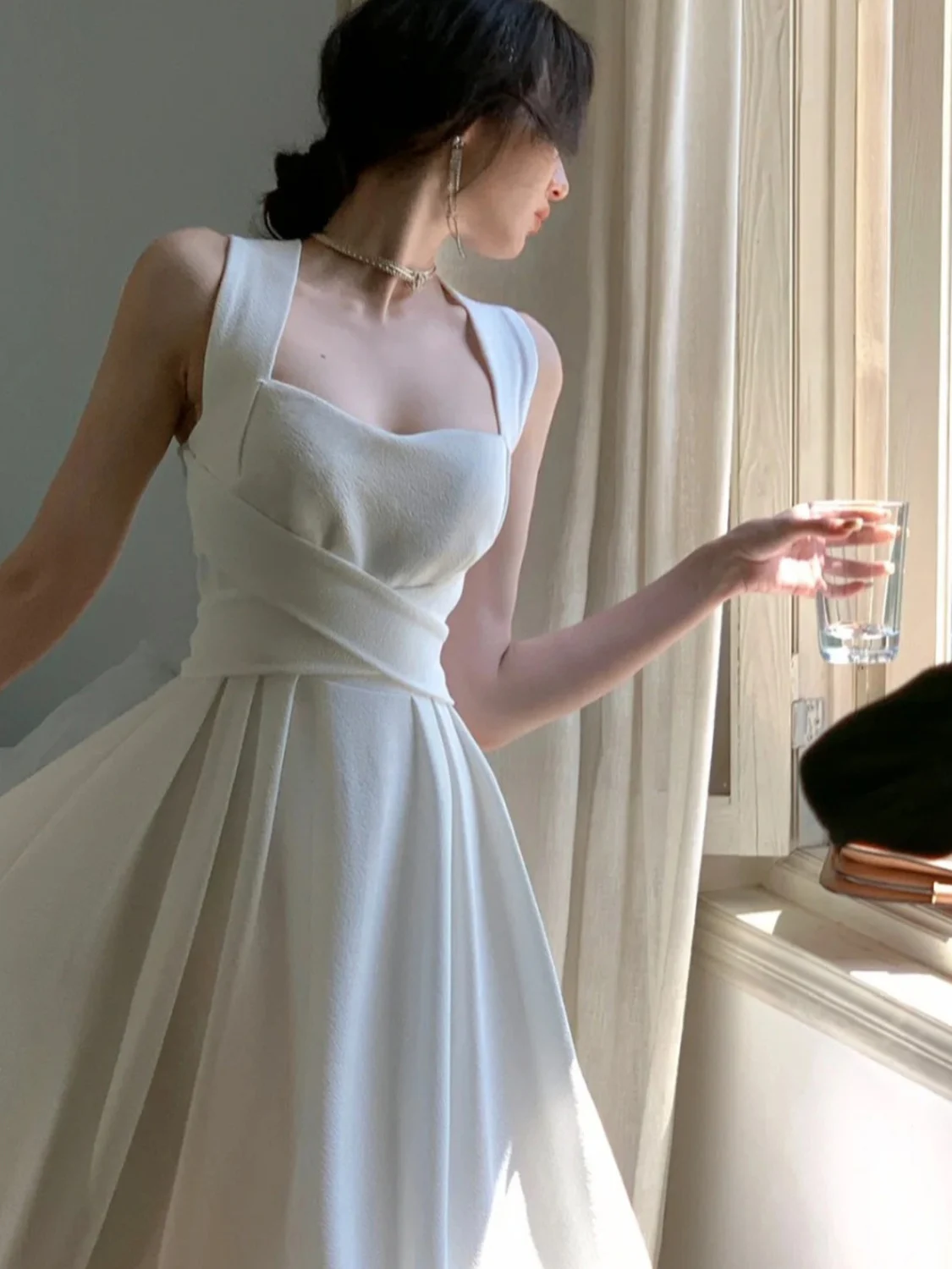 Robe blanche d'été pour femmes, nouvelle jupe trapèze douce, croisée, nouée, taille haute, longue, dr coréen, pour les déplacements, douce, moyenne et élastique