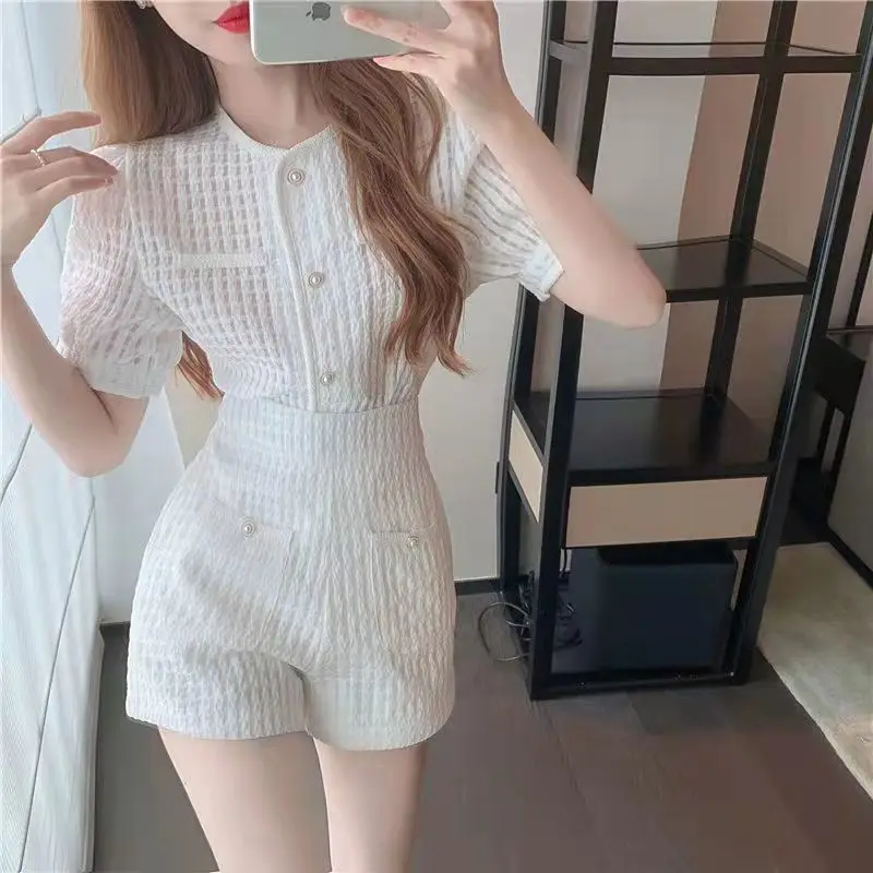 Short Sets Blue High Waist 2024 Summer Women\'S Korean Fashion Top And Shorts Outfits Suit With Shorts For Women New In Matching