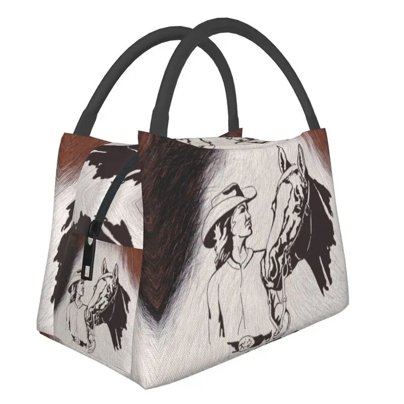 Horse Cowgirl Western Cowhide Cow Hair Insulated Lunch Tote Bag for Women Animal Texture Thermal Cooler Bento Box Work Travel