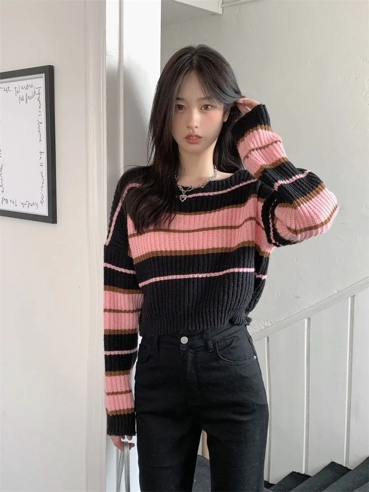 Vintage Chic Striped Sweaters Women 2024 Autumn New Loose Knitted Pullover Y2k Grunge Long Sleeve Bottoming Tops