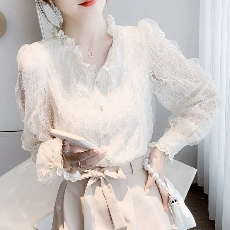 Women White Long Sleeve Lace Blouse Sexy Lace Shirt Korea Style Elegant Blouse OL Office Outfit Top Sweet Blouses