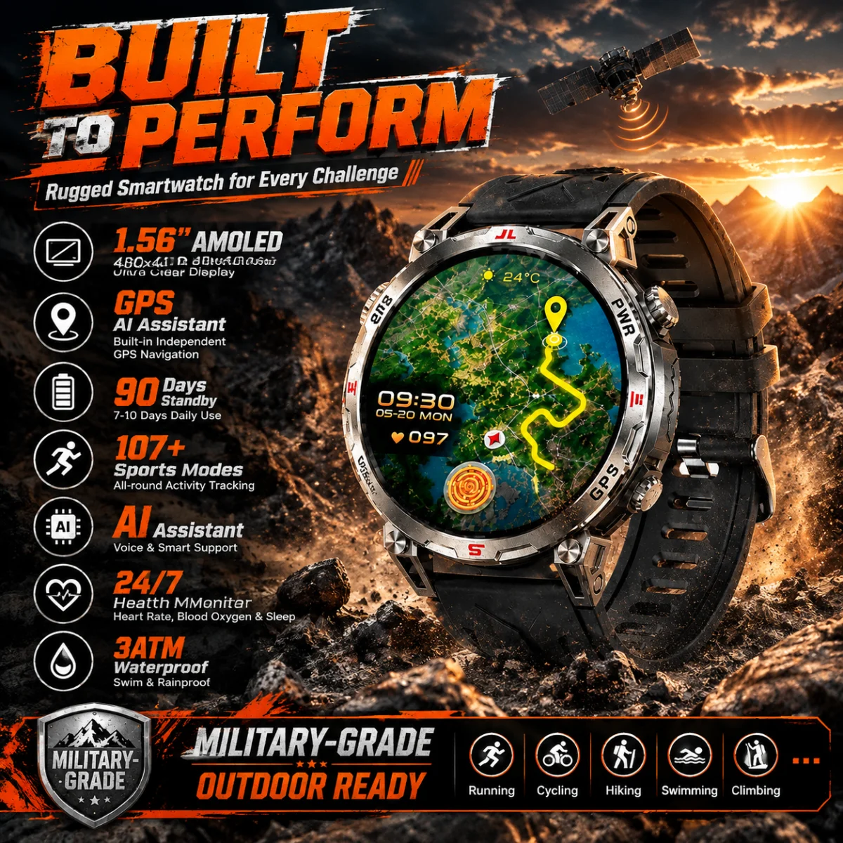 Orologio Intelligente Uomo Batteria 530mAh GPS Reale Chiamate Wireless Schermo Touch AMOLED HD…
