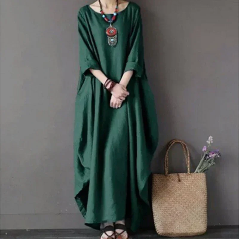ผู้หญิงฤดูร้อนบางฝ้ายลินินหลวมชุดวรรณกรรม Boho ชุดแขนยาวเลดี้สีทึบ Robe Vintage Kaftan