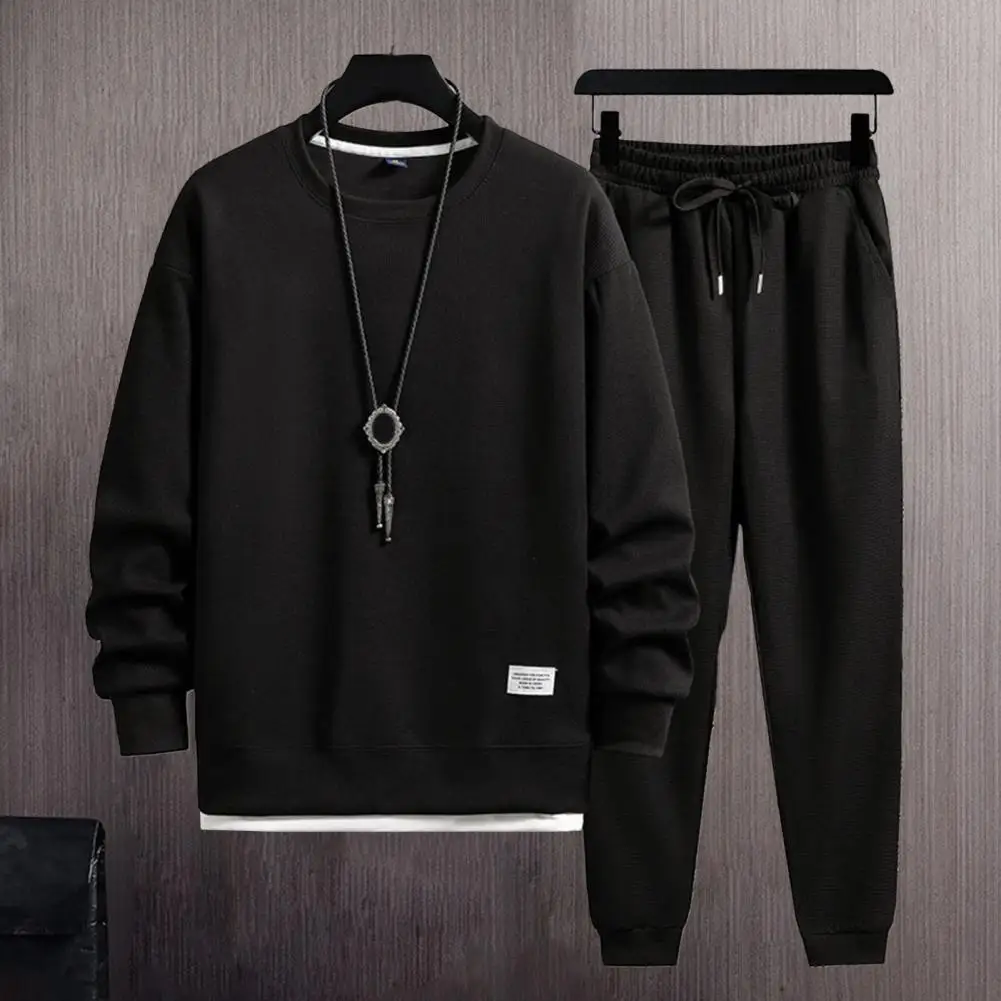 2Pcs/Set Men Casual Tracksuit Men Casual Outfit Waffle Texture O-neck Long Sleeve Lady Sweatshirt Elastic Waist Sport Pants Set