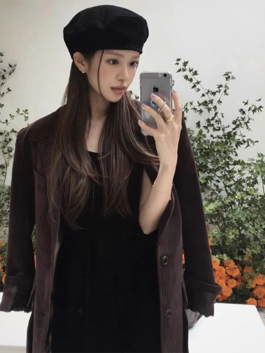 

Корейский стиль Candy Miss: свободное пальто-бойфренд, коричневая вельветовая ретро-куртка, женская повседневная верхняя одежда с длинными рукавами