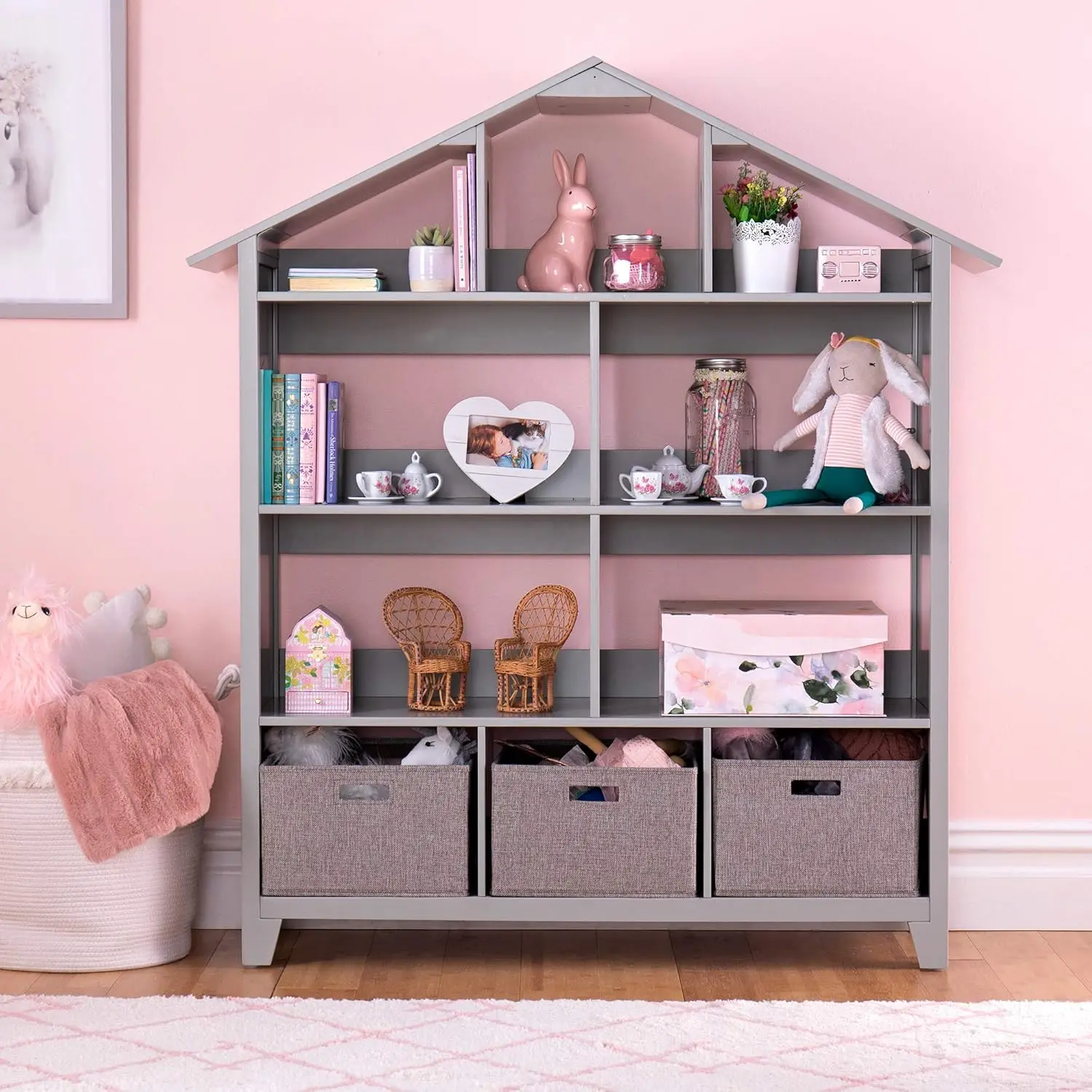 Estante de Dollhouse Deluxe para crianças, cinza, grande armazenamento de madeira, organizador de livros, bonecas, brinquedos, estante para crianças