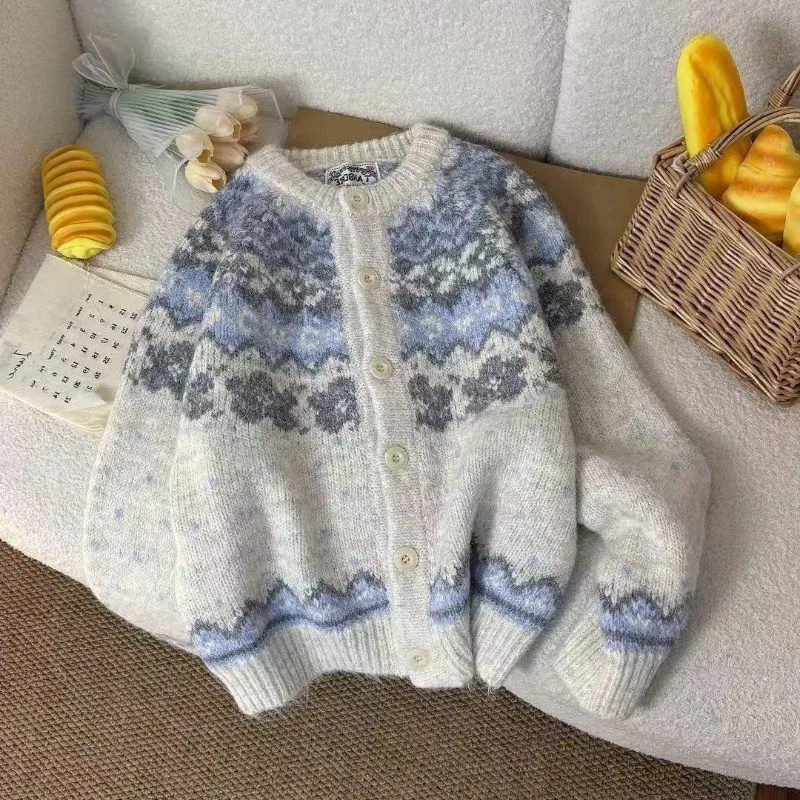 Women's Vintage Print Cardigan Loose Long Sleeve Knitted Sweater Preppy Style Casual Retro Fall Winter Lazy Wind Top