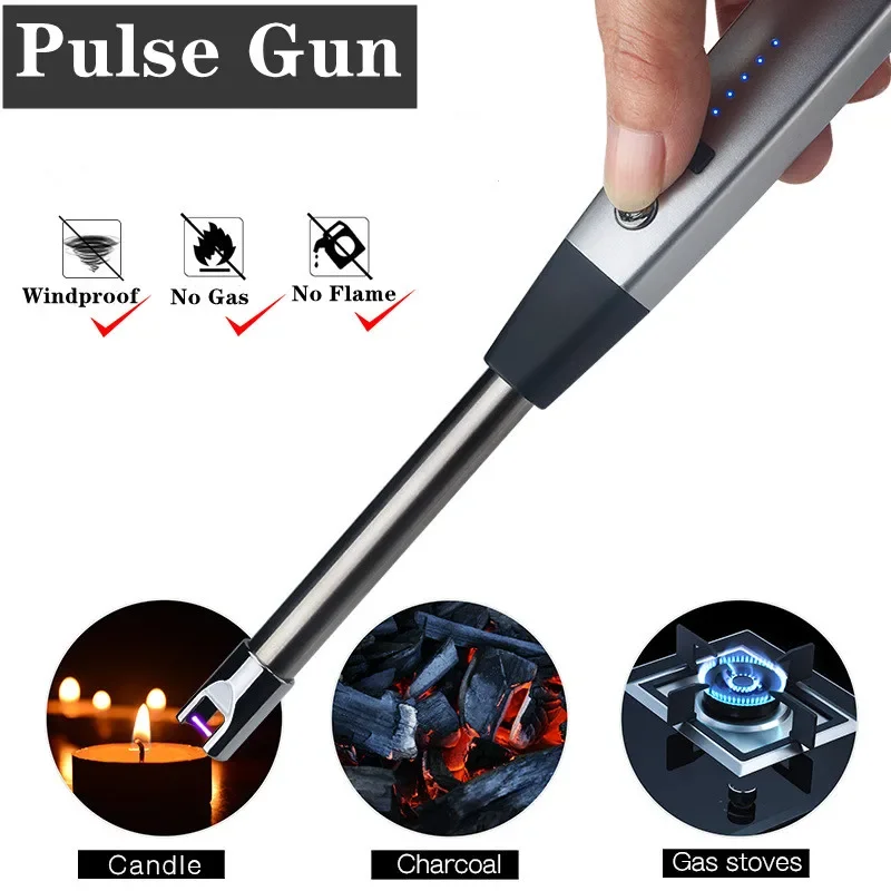 Electric Arc USB Lighter Windproof Scented Candle Kitchen Gas Stove Tool Power Display Pulse Flameless Ignition Gun, Metal Hook