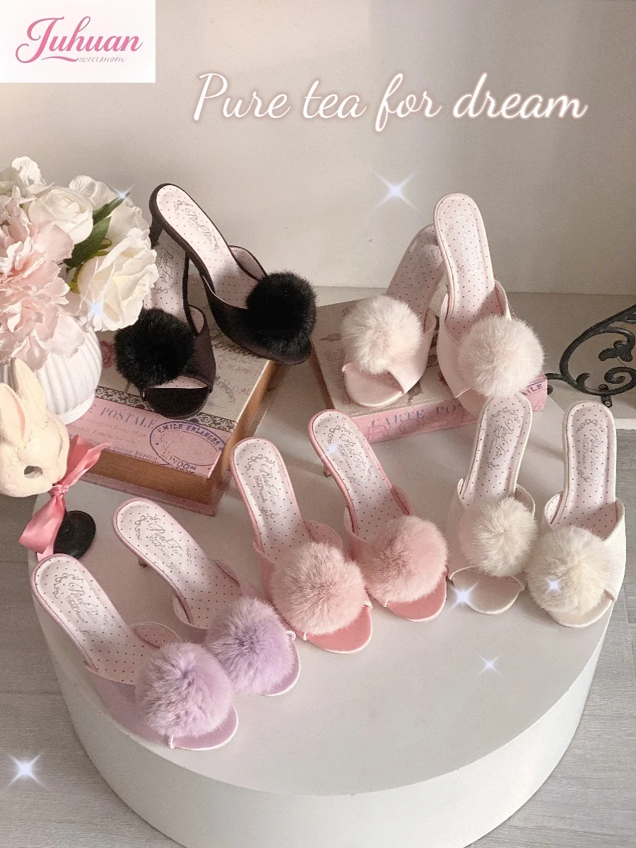 

Kawaii Japanese sweet girl hairball muller shoes women's high-heeled slippers Lolita satin elegant cute sandals for ladies