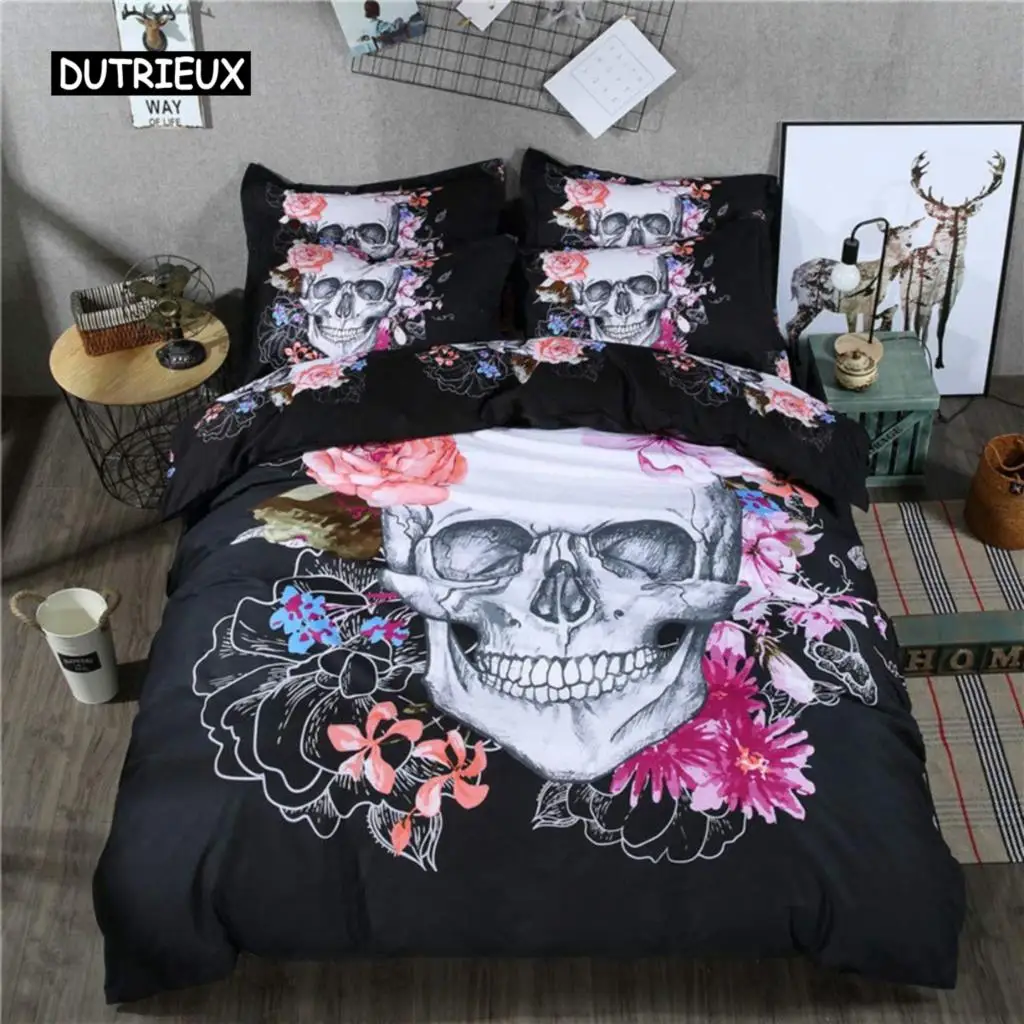 

Flower Skull Bohemian Duvet Cover Set, 3D Microfiber Roses Floral and Skeleton 2 Piece Bedding Set