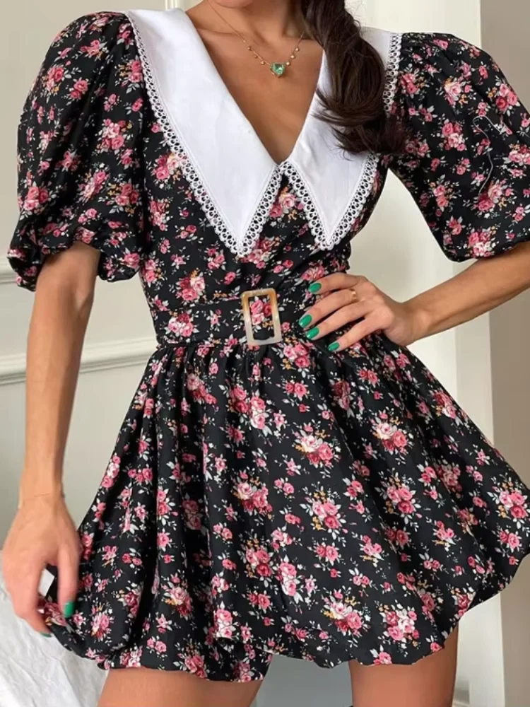 

Floral Print Peter Pan Collar Dress Women Puff Sleeve V Neck A-line Waist Cinching Mini Dresses 2026 Lady Vocation Getaway Robe