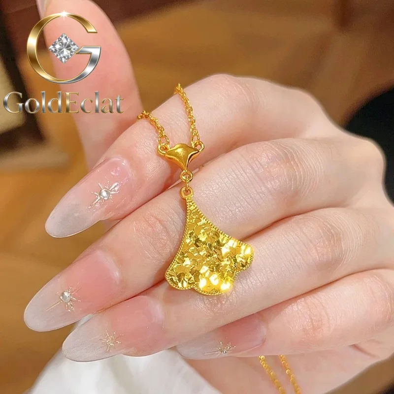 

GoldEclat Luxury 24K 9999 Pure Gold real gold Women's Ice Crushed Ginkgo Leaf Pendant Necklace Small Skirt Clavicle Chain