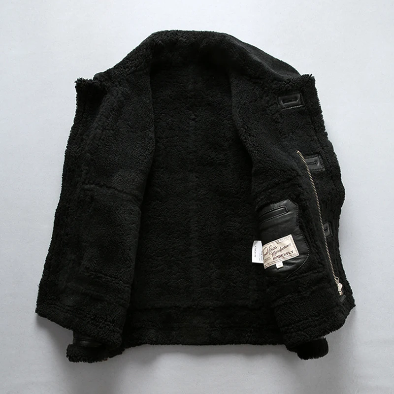 New Winter Shearling Black Lapel Clothes Man's Buttons Sheepskin Fur Genuine Leather Jackets