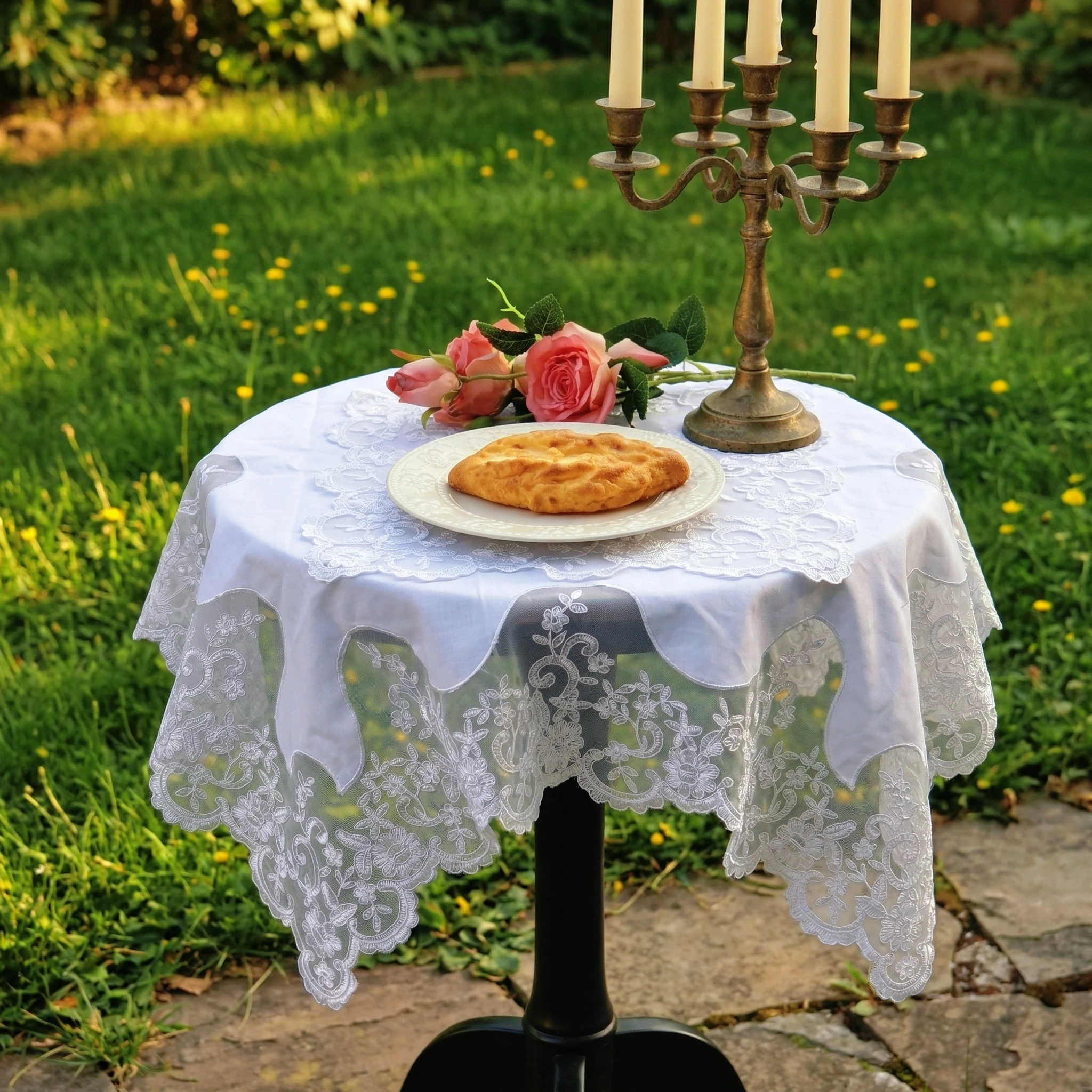 3pcs Elegant Breakfast Placemat And Tablecloth Set Dining Table Jacquard Lace Mat White Embroidered Square Wedding Tablerunner view 3