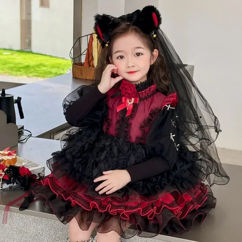 Vampire Ghost Bride Girl Gothic Lolita Princess Dress, Roupa de Cosplay Infantil, Roupas de Carnaval de Halloween, Preto, Vermelho