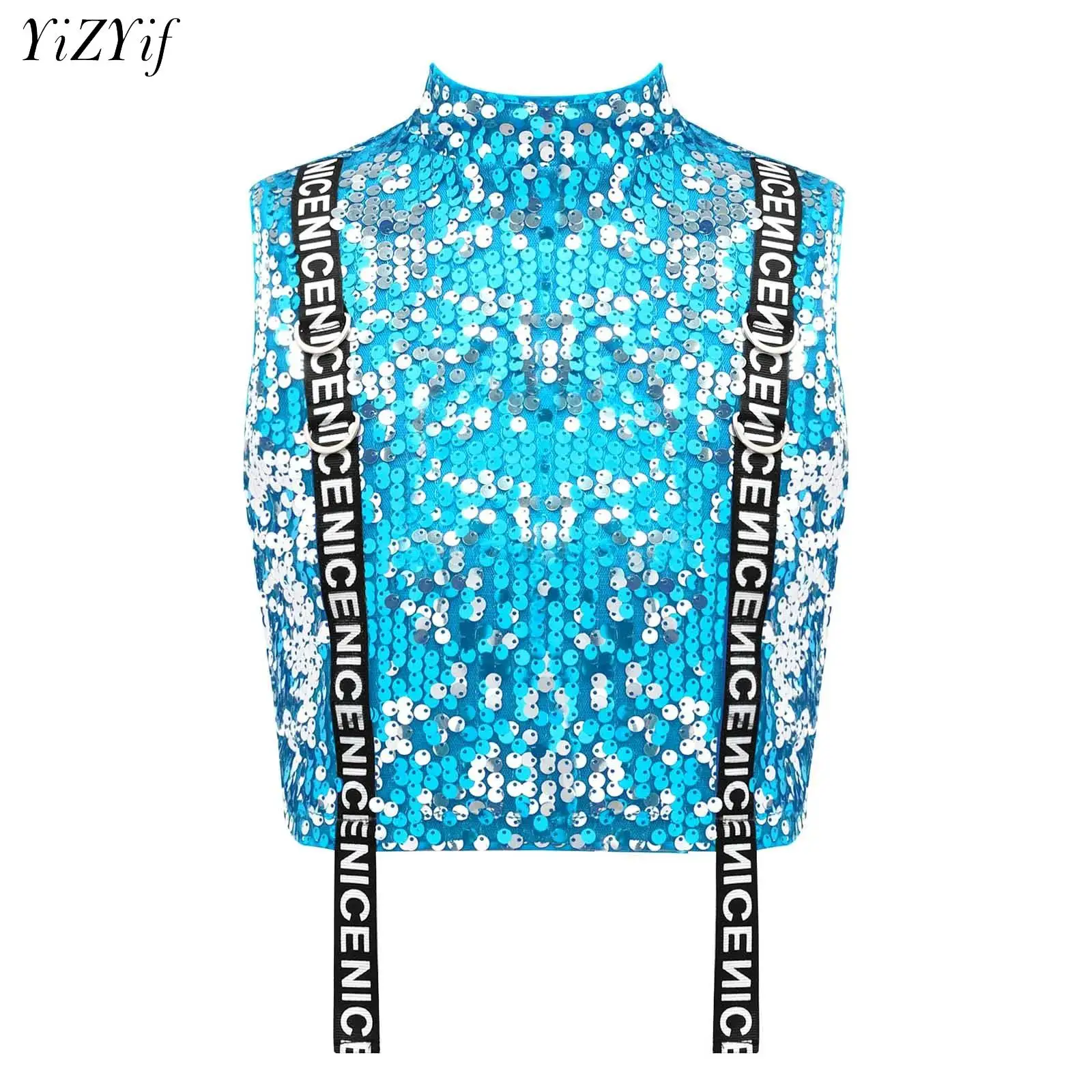 

Kids Girls Shiny Sequined Cropped Tops Vest Jazz Dance Tanks Top for Ballet Dancing Stage Performance Girls Clothing Streetwear