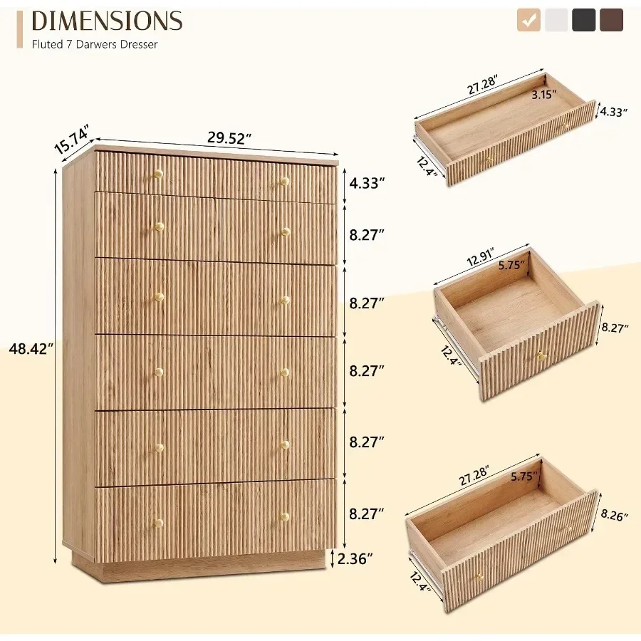 Fluted Dresser for Bedroom with 7 Drawers, 45