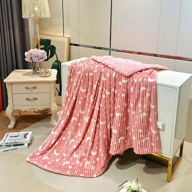 Star Moon Printed Striped Lamb Fleece Blanket Double Layer Flannel Blanket for Office Nap Single Double Air Conditioning Quilt