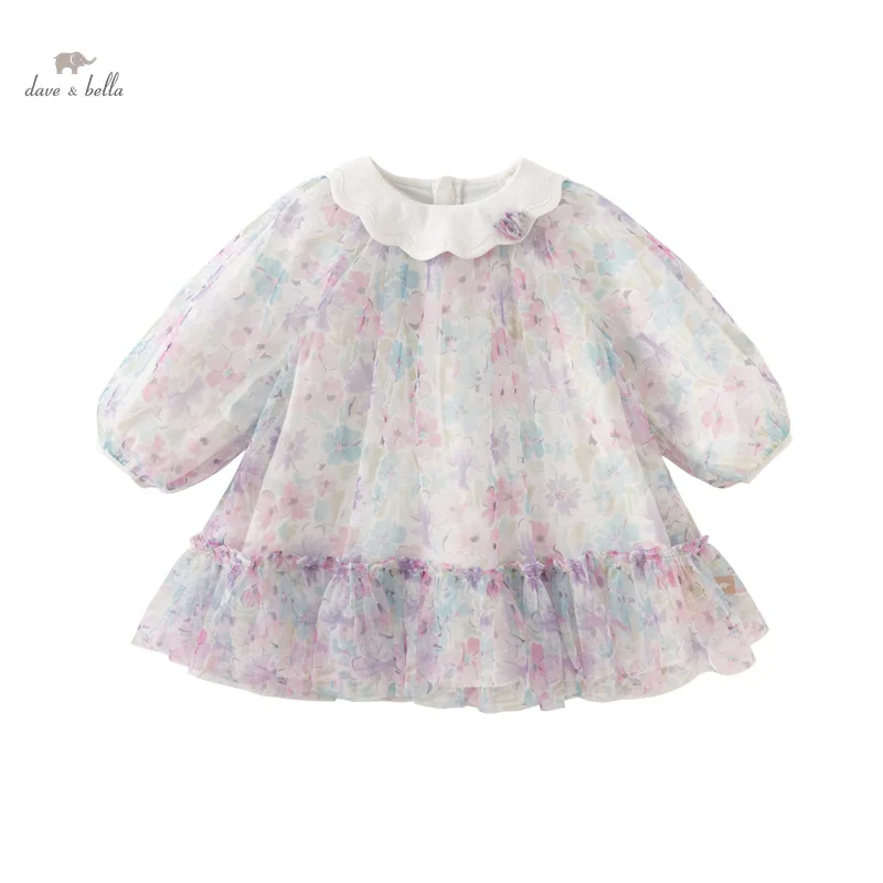 Dave Bella Princess Dress for Girls Children Baby 2024 New Spring Noble Charm Sweet Lovely Print Mesh Fashion Party DB1248310