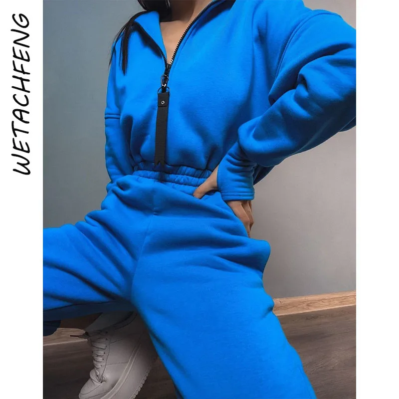 Jumpsuits Women Solid Long Sleeve Hooded Zipper Sexy Slim Overalls One Piece Outfits Fleece Winter Autumn Sports Rompers Clothes