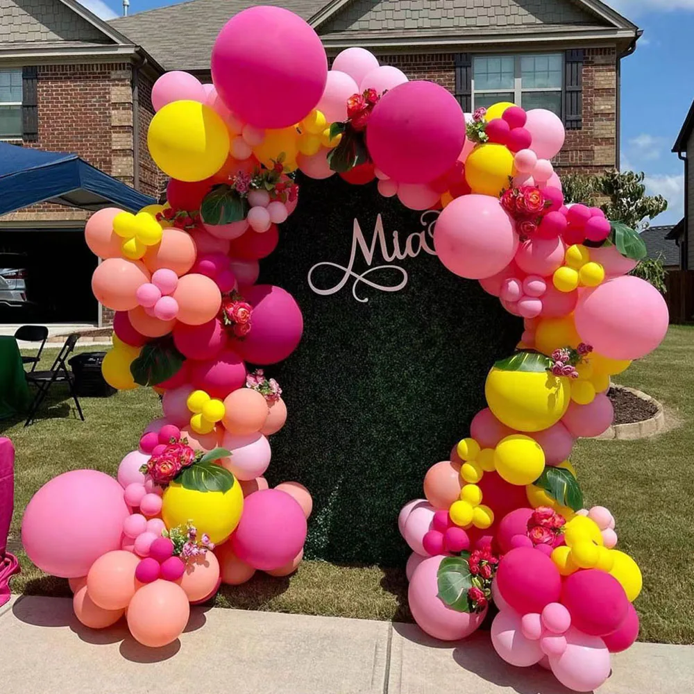 

126pcs Tropical Balloons Arch Garland Kit Hot Pink Yellow Orange Balloons for Hawaiian Aloha Luau Flamingo Birthday Party Decors