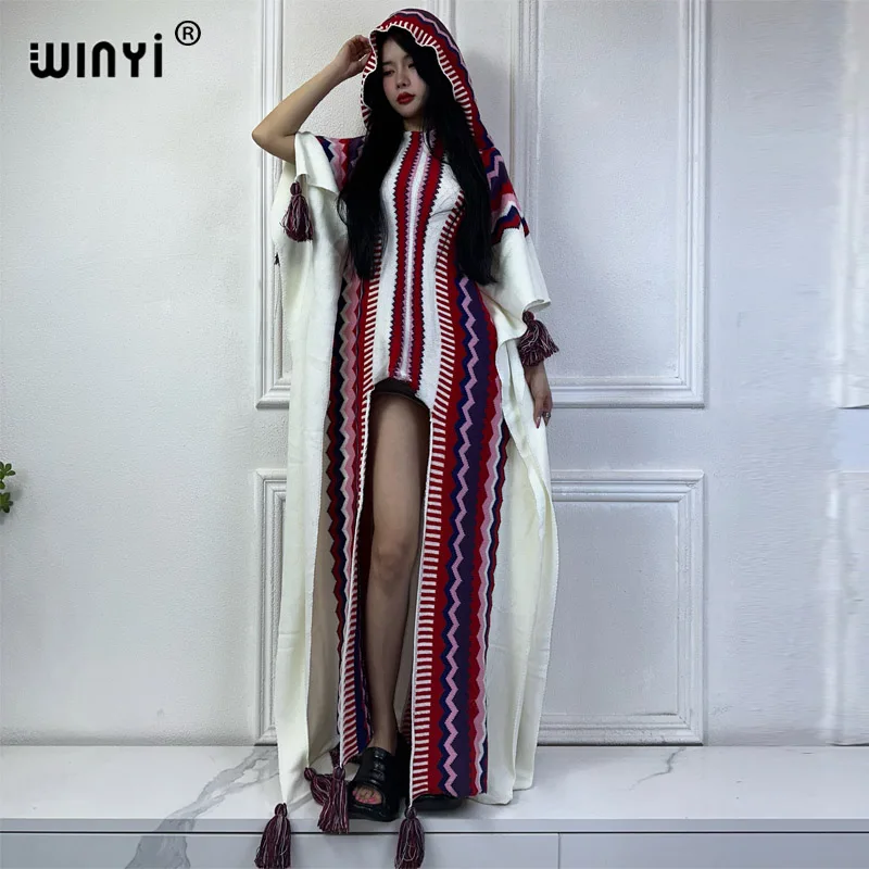 WINYI Africa Knitting classic Style dress Comfort Warm fashion Elastic kaftan Holiday cloak winter poncho Hooded high fork dress