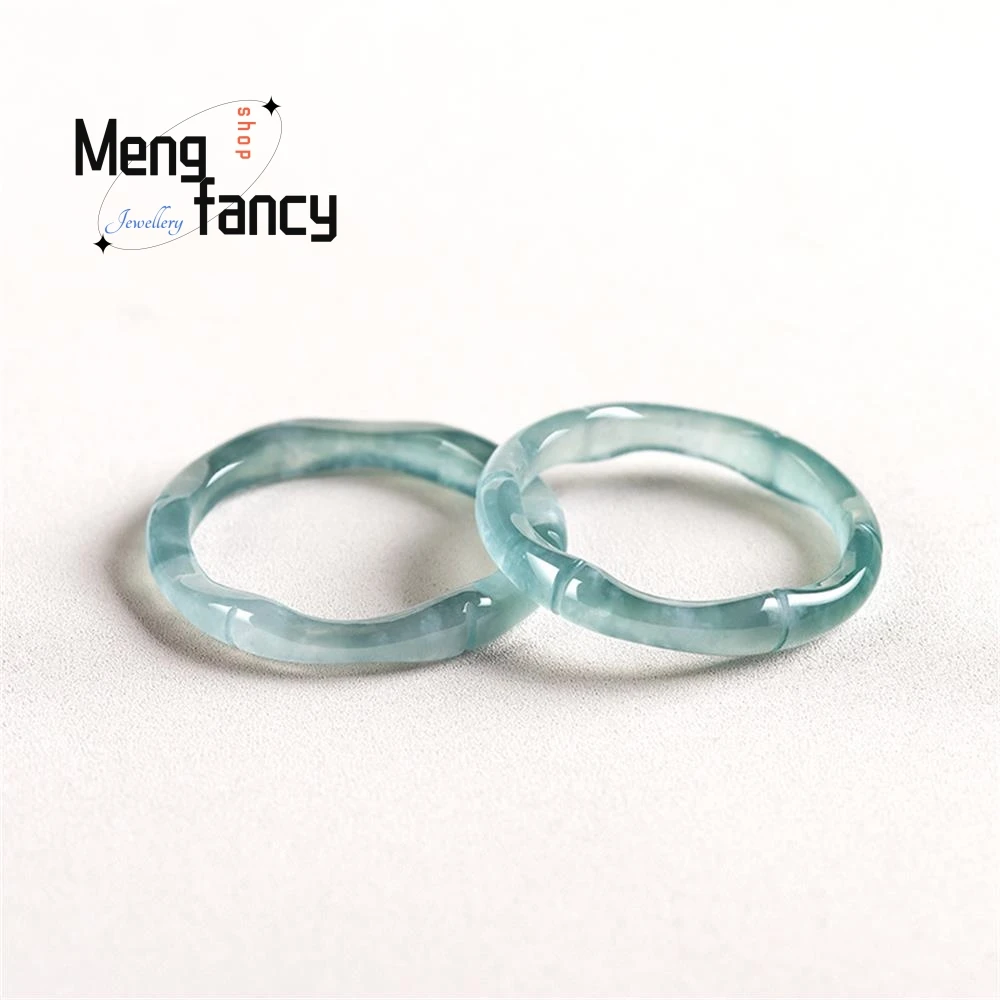 Natural A-goods Jadeite Blue Water Bamboo Ring Section Of The Three-Dimensional Carving Ice Jade High-grade Fashion Fine Jewelry
