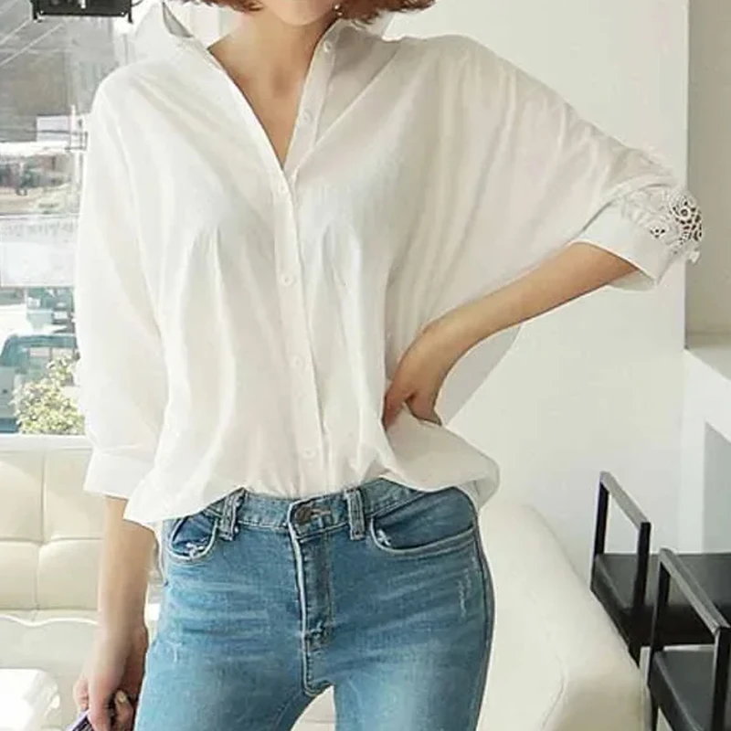 Fashion Sexy Cotton Lace White Shirts Turn-down Collar Women Embroidery Floral Blouse Hollow Female Shirt Loose Casual Tops 1310