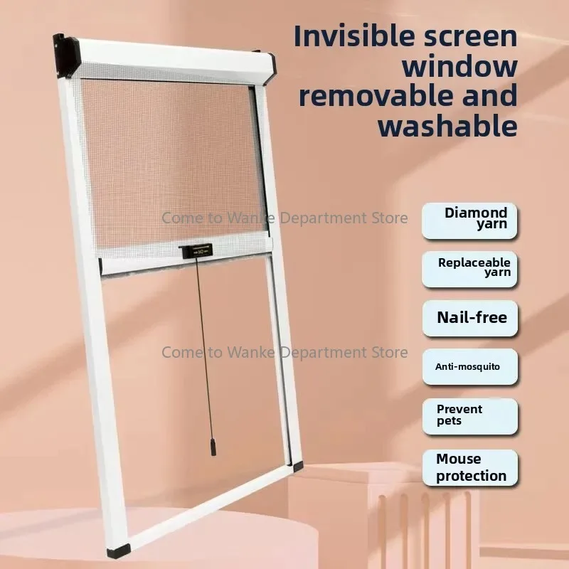 

An-ti-mosquito reel type pull-down telescopic invisible aluminum alloy push-pull screen window net self-installed