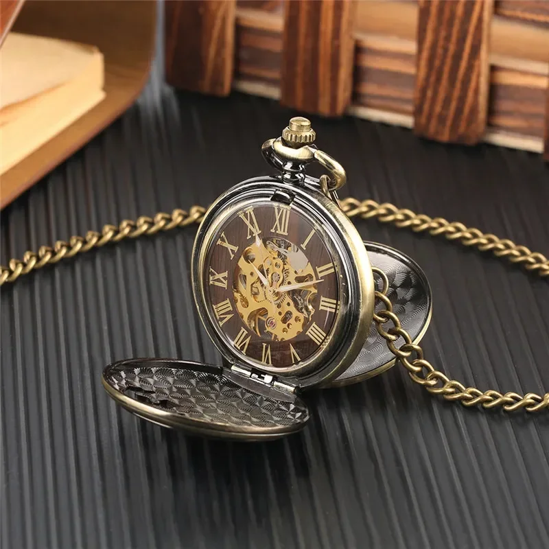 Luxury Yellow Golden Double Hunter Mechanical Hand Wind Pocket Watch for Men Women Hollow Elk Case Pendant Necklace Chain Gift