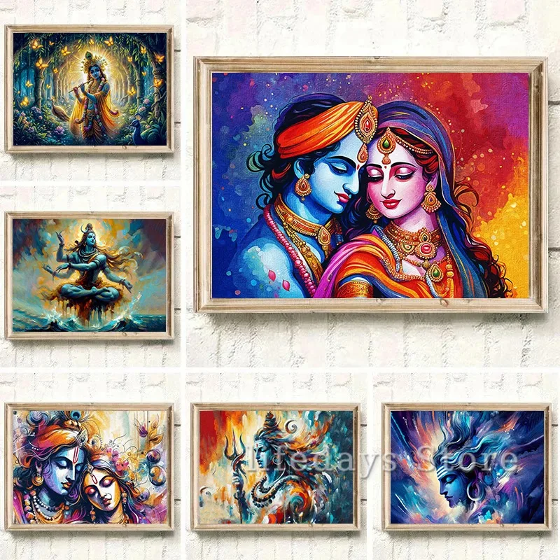 Indian Lord Krishna Radha Hindu God Posters and Prints Canvas Painting Wall Art Pictures for Living Room Home Decor Cuadros