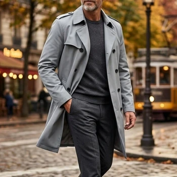 Autumn Men's Windbreaker Thin Double-breasted Jacket with Epaulettes Outdoor Travel Windbreaker Medium Length Men's Thin Coat