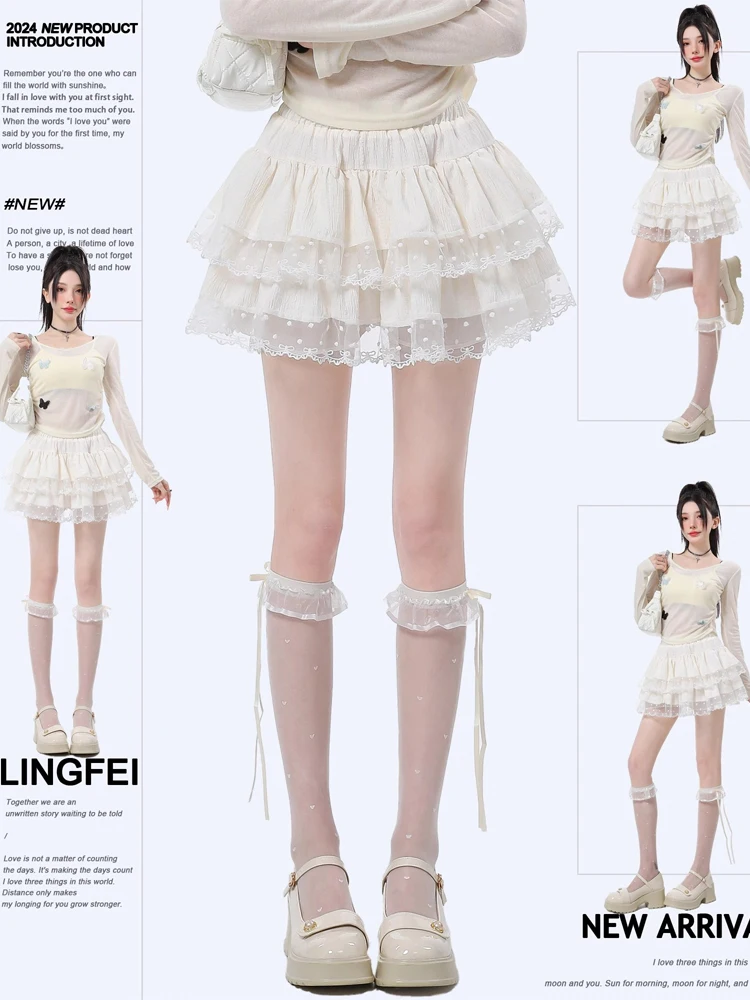 

Sweet Lace Cake High Waist A-Line Skirt Women Spring Summer Ballet Style Fairy Fluffy Short Skirt Petite Girls Skirt