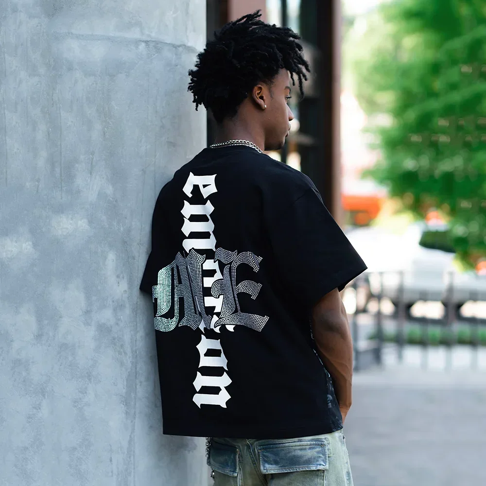 جديد الصيف رسالة حجر الراين قصيرة الأكمام الأسود تي شيرت رجالي الشارع الشهير فضفاض طاقم الرقبة الأعلى ثلاثية الأبعاد تي شيرت مطبوع للجنسين تي شيرت #6