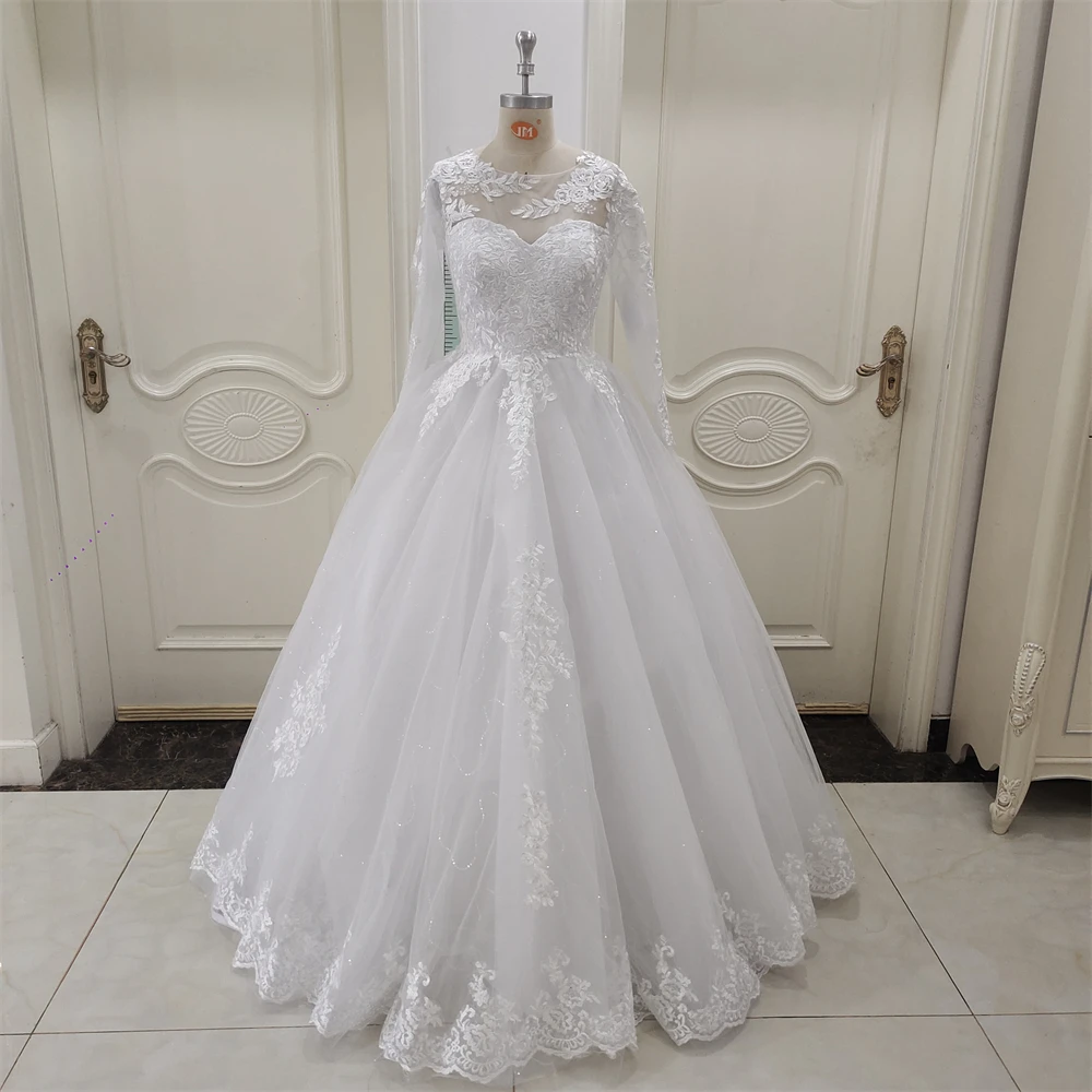 

ZJ9364 Customized Charming O-Neck Wedding Dresses Plus Size Tulle With Lace Appliques Long Sleeves Bridal Gowns A-Line White
