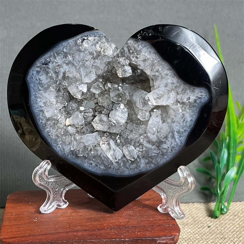 Crystal Natural Black Agate Cluster Heart Specimen Reiki Gemstone Rainbow Healing Minerals Witchcraft Home Decoration+Stand