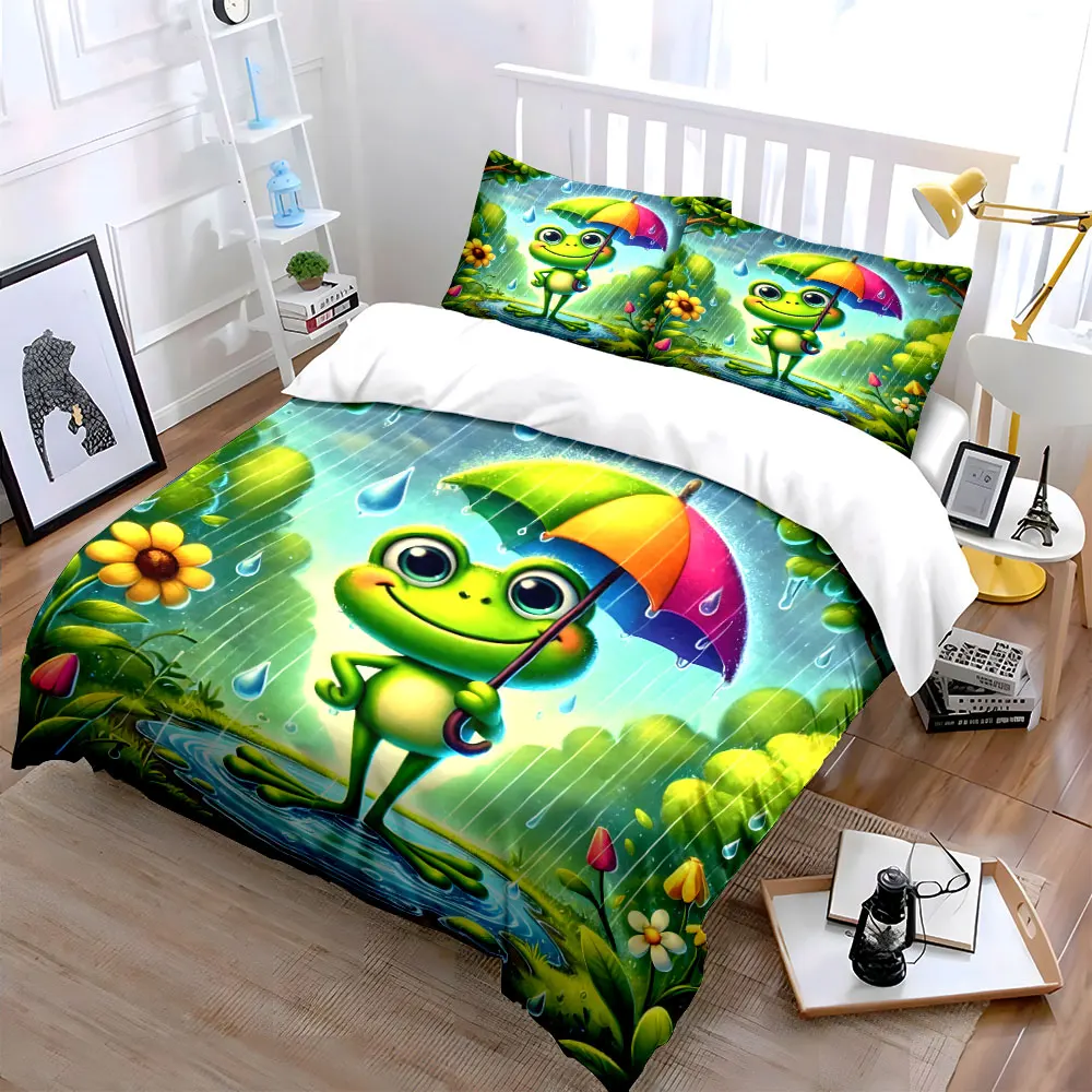 Frog strolling in rain with rainbow umbrella Printed Duvet Cover Set 1 Duvet Cover+2 Pillowcase Multi Size Bedroom Bedding Decor