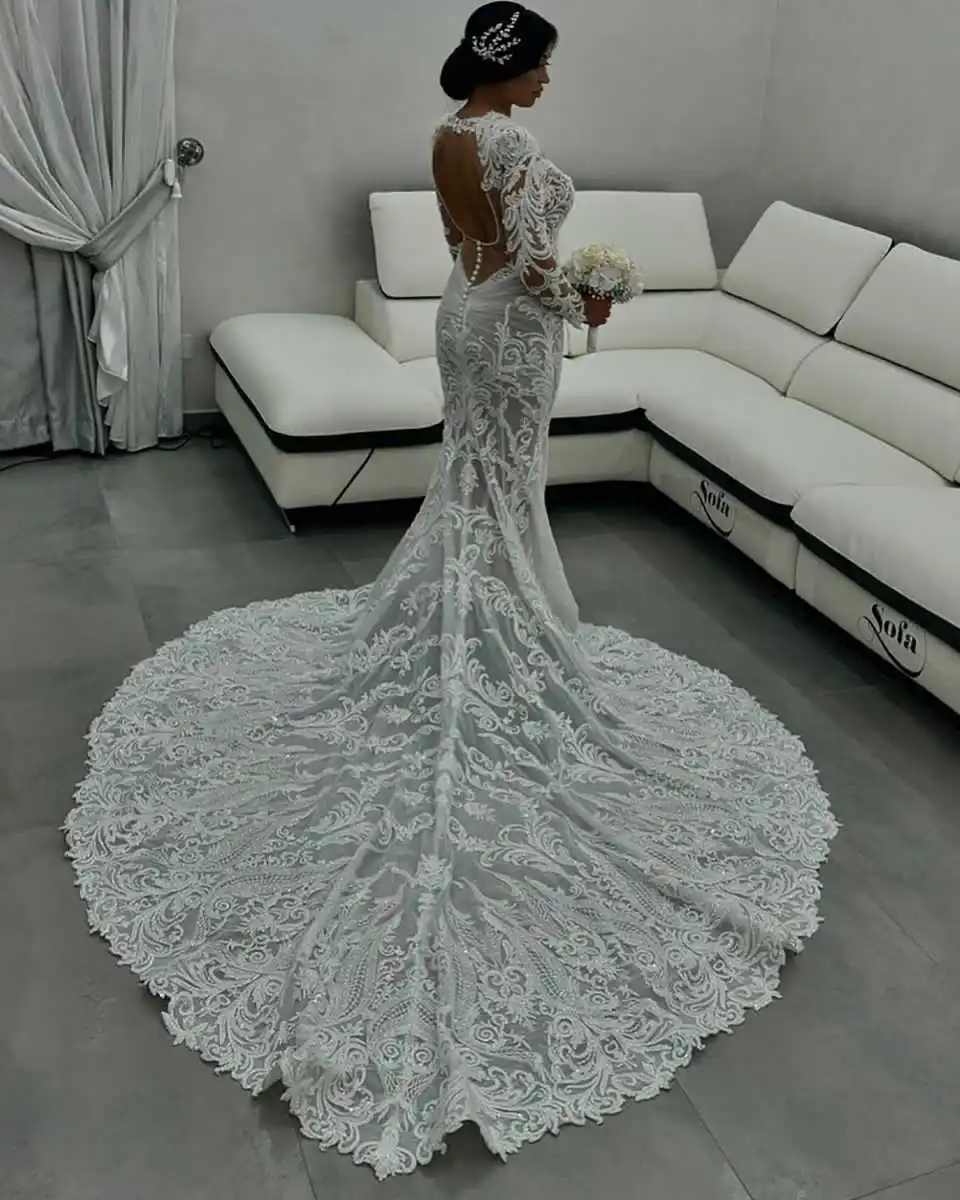 Vestidos de novia de sirena a la moda para mujer, vestido de manga larga con cuello en V, apliques de lentejuelas, tren de barrido sin espalda, vestido de fiesta personalizado